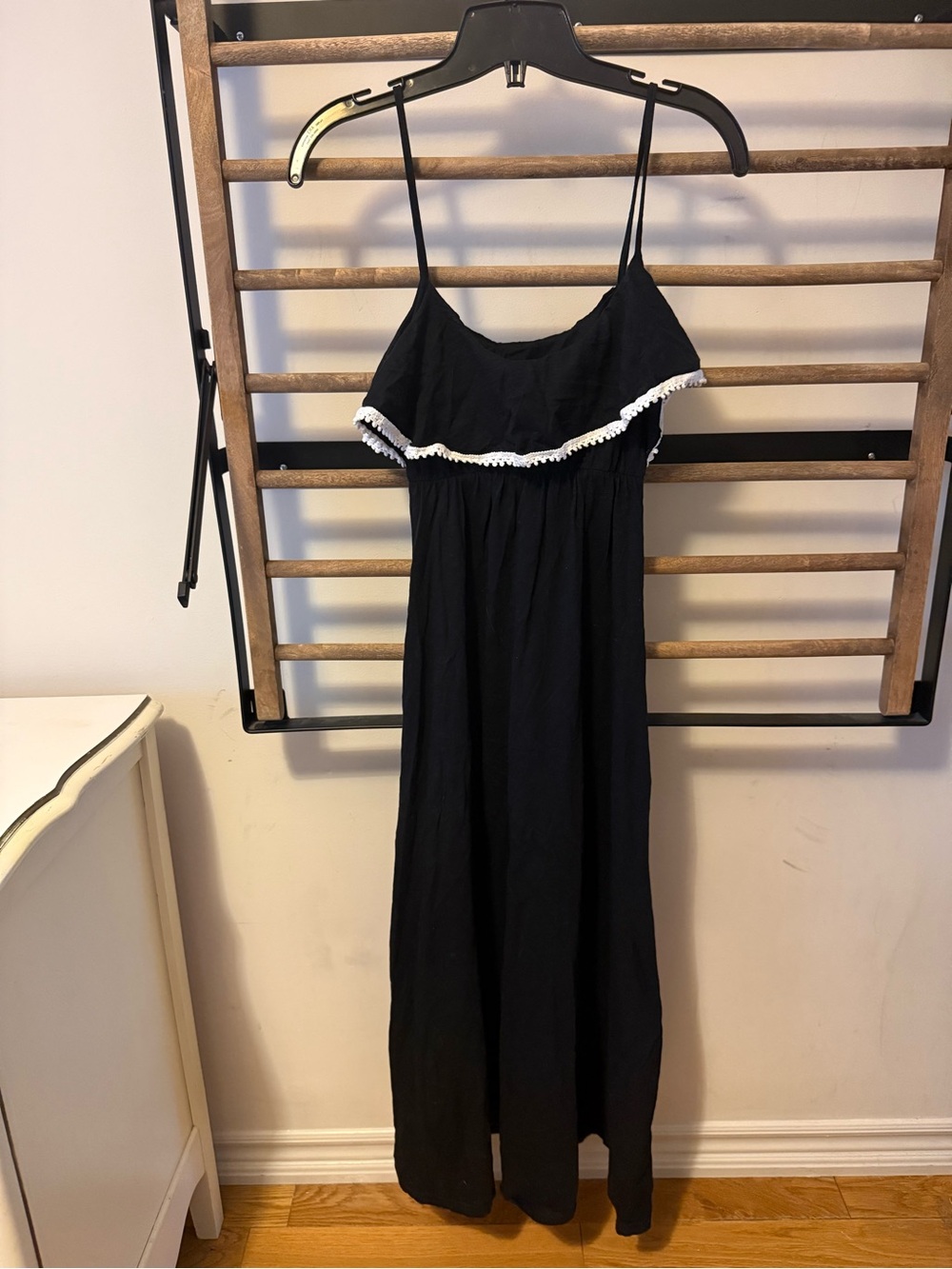 Active Black Maxi Dress with White Ruffle Trim